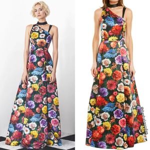 ALICE + OLIVIA Chrissy Gown Floral Leather Trim Pleated Maxi Dress SS19
